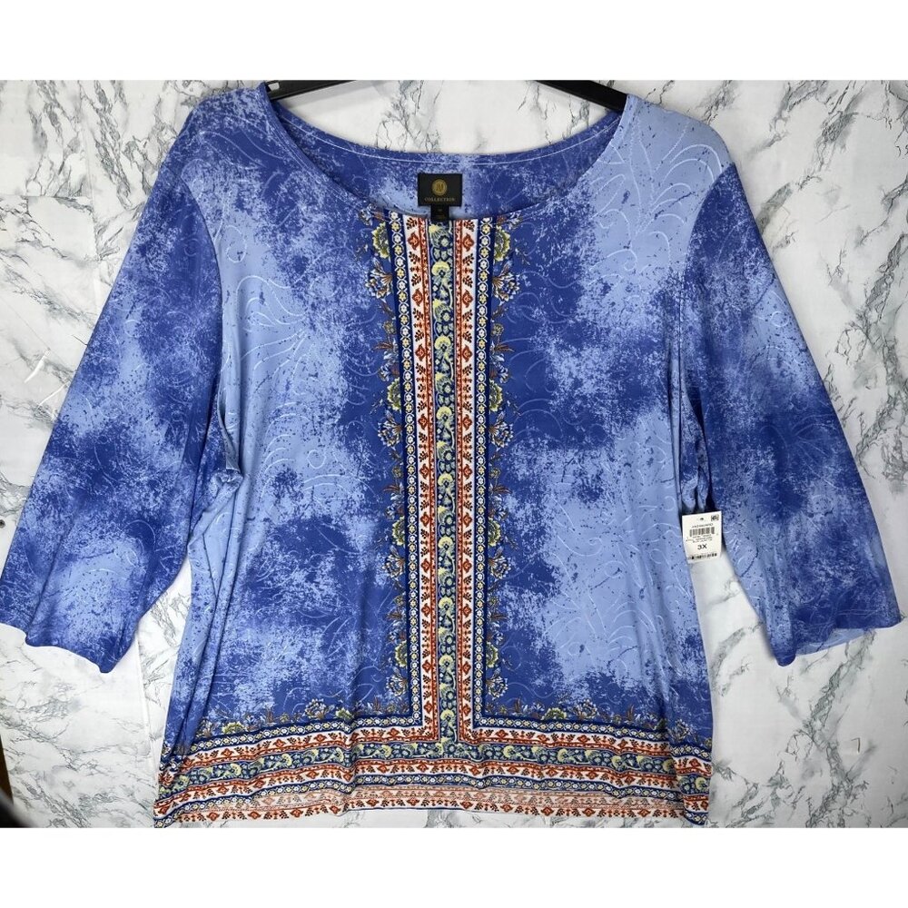 JM Collection Womens Jacquard Top Blue Lilac 3X Bohemian Style